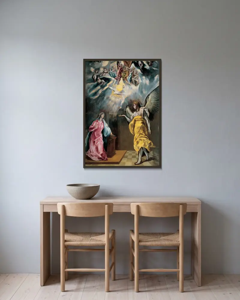 The Annunciation – nr 1 av El Greco (Domenikos Theotokopoulos) inramad på en vägg