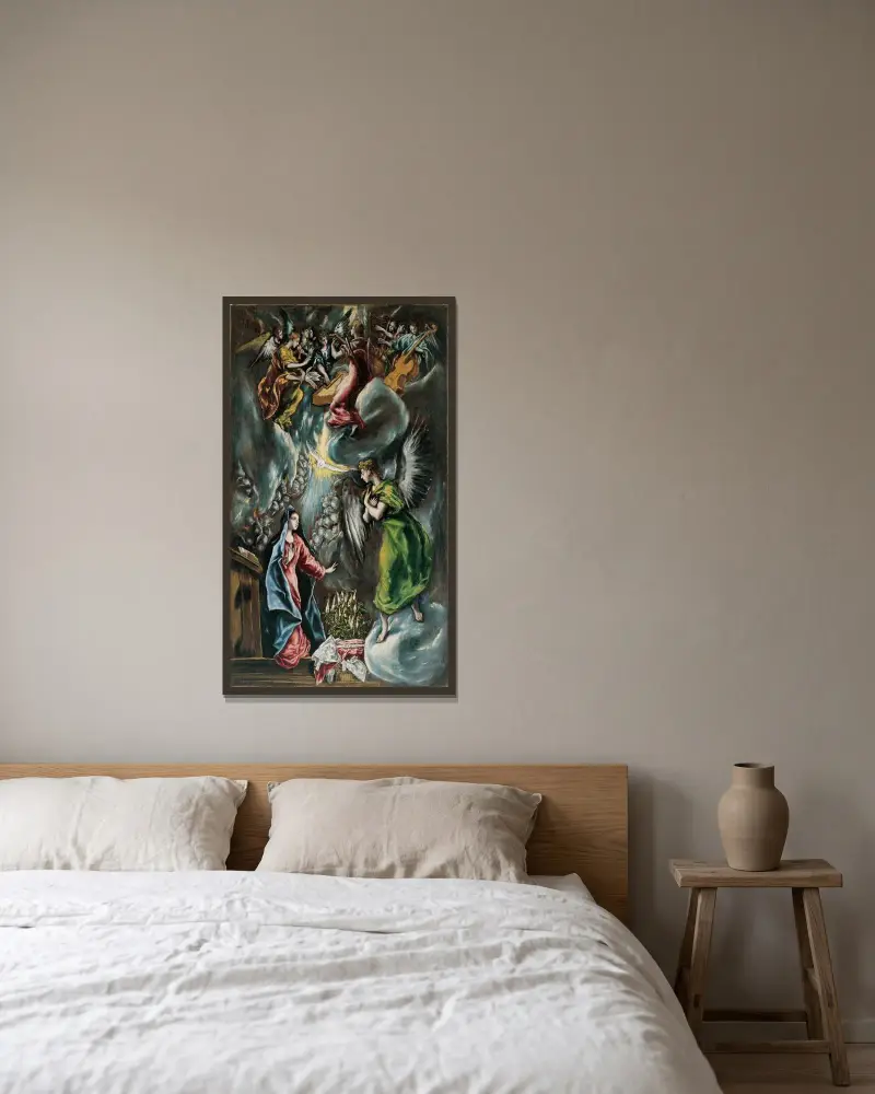 The Annunciation, 1596 av El Greco (Domenikos Theotokopoulos) inramad på en vägg