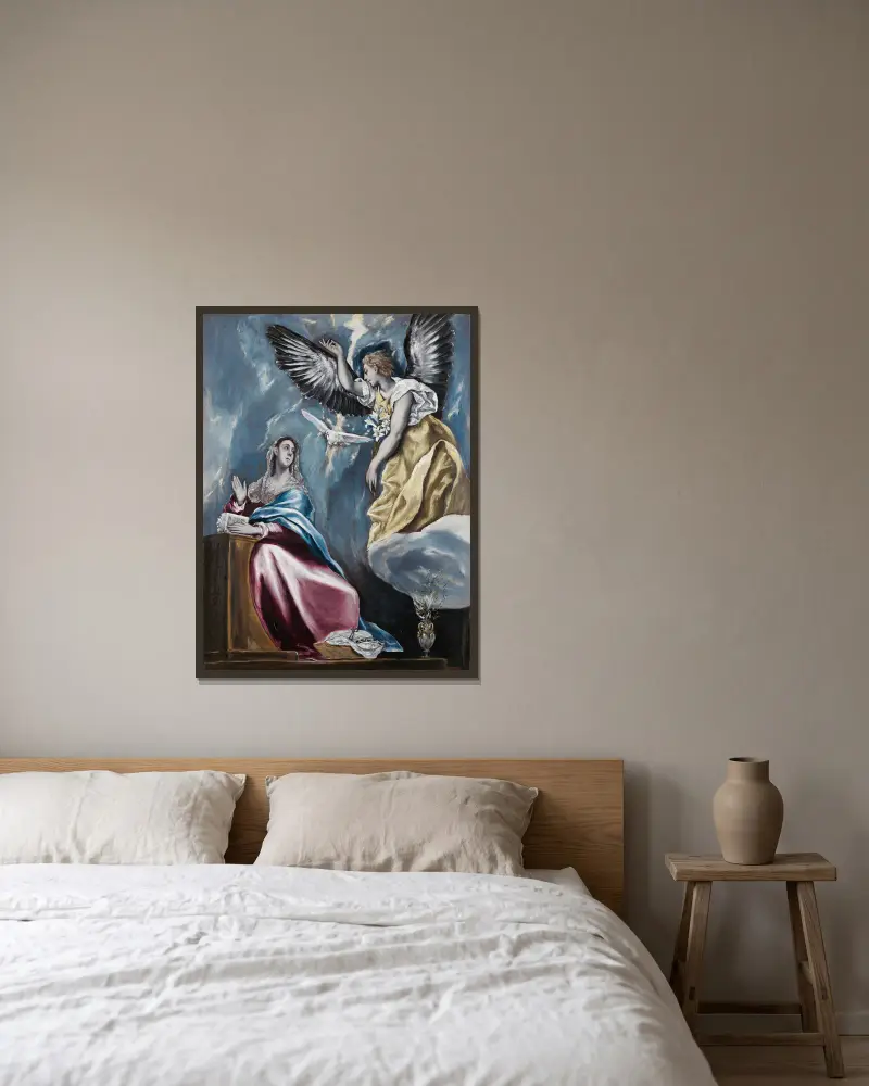 The Annunciation, 1595 av El Greco (Domenikos Theotokopoulos) inramad på en vägg