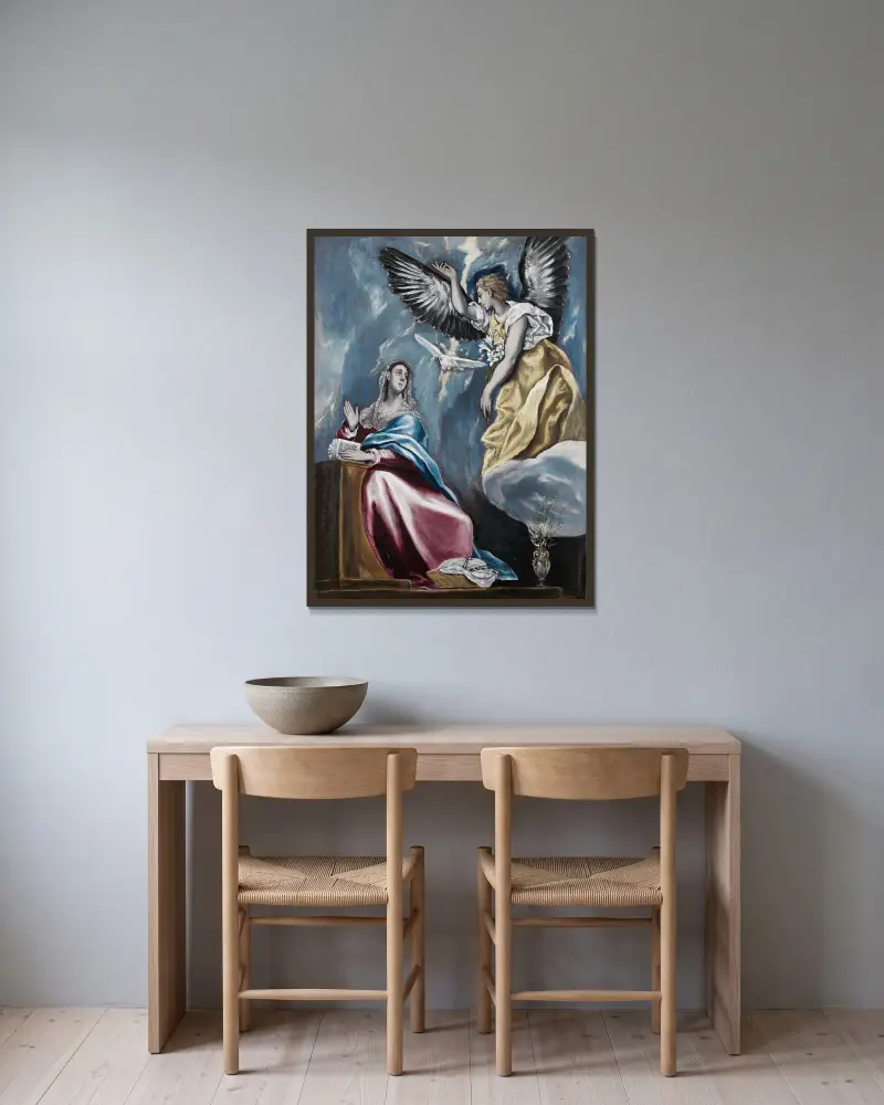 The Annunciation, 1595 av El Greco (Domenikos Theotokopoulos) inramad på en vägg