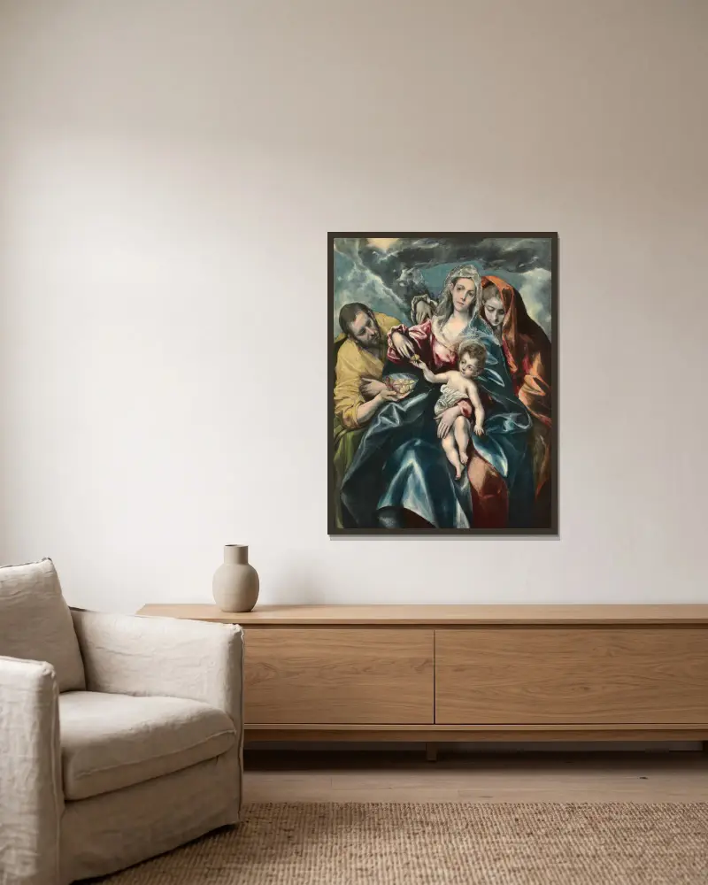 The Holy Family with Mary Magdalen av El Greco (Domenikos Theotokopoulos) inramad på en vägg