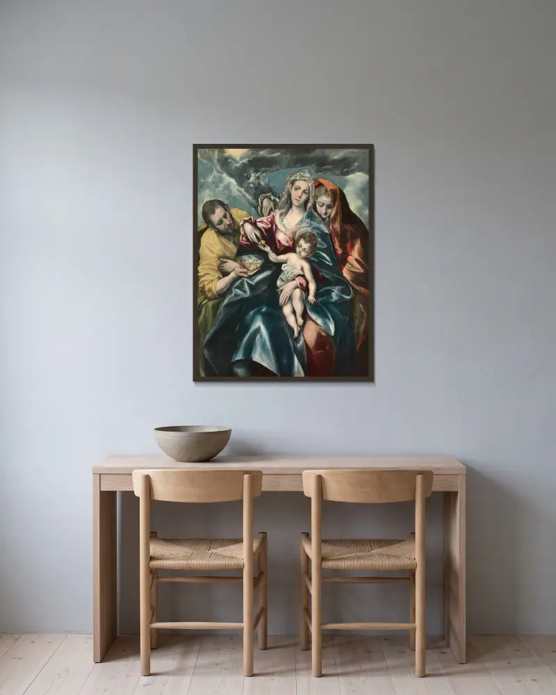 The Holy Family with Mary Magdalen av El Greco (Domenikos Theotokopoulos) inramad på en vägg