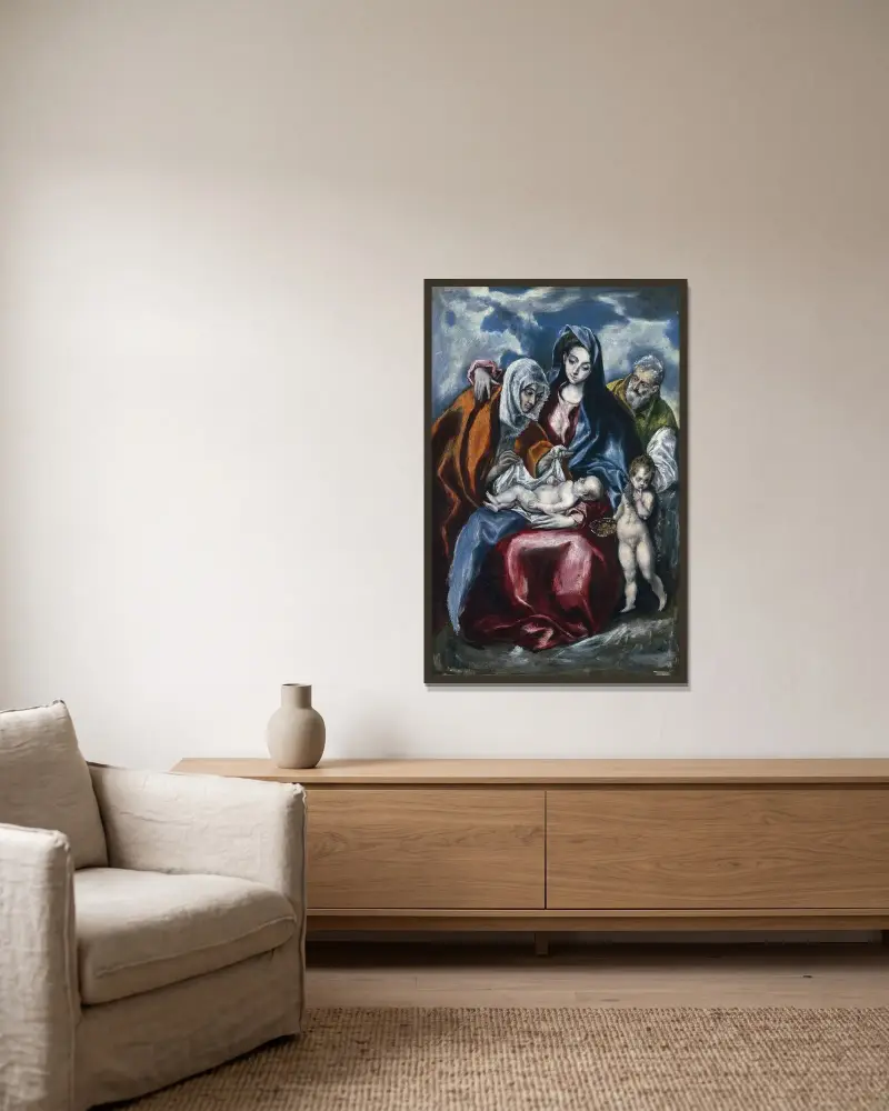 The Holy Family with Saint Anne and the Infant John the Baptist av El Greco (Domenikos Theotokopoulos) inramad på en vägg