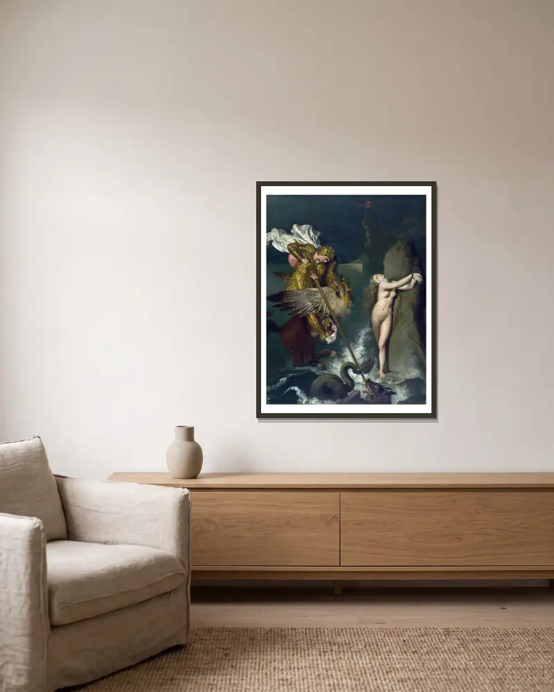 Angelica wird von Ruggiero gerettet von Jean Auguste Dominique Ingres gerahmt an einer Wand
