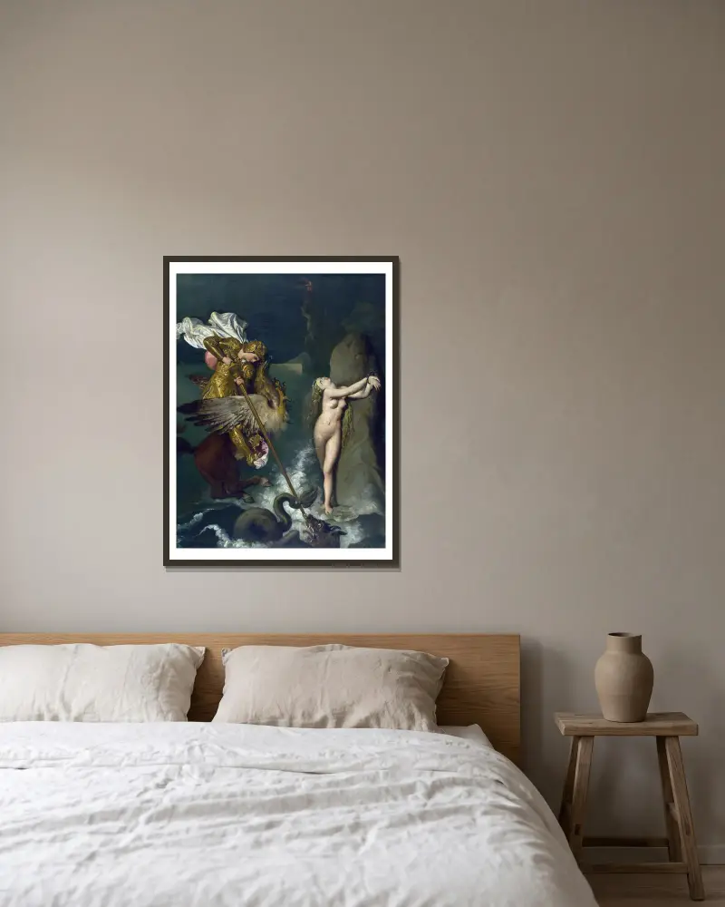 Angelica wird von Ruggiero gerettet von Jean Auguste Dominique Ingres gerahmt an einer Wand