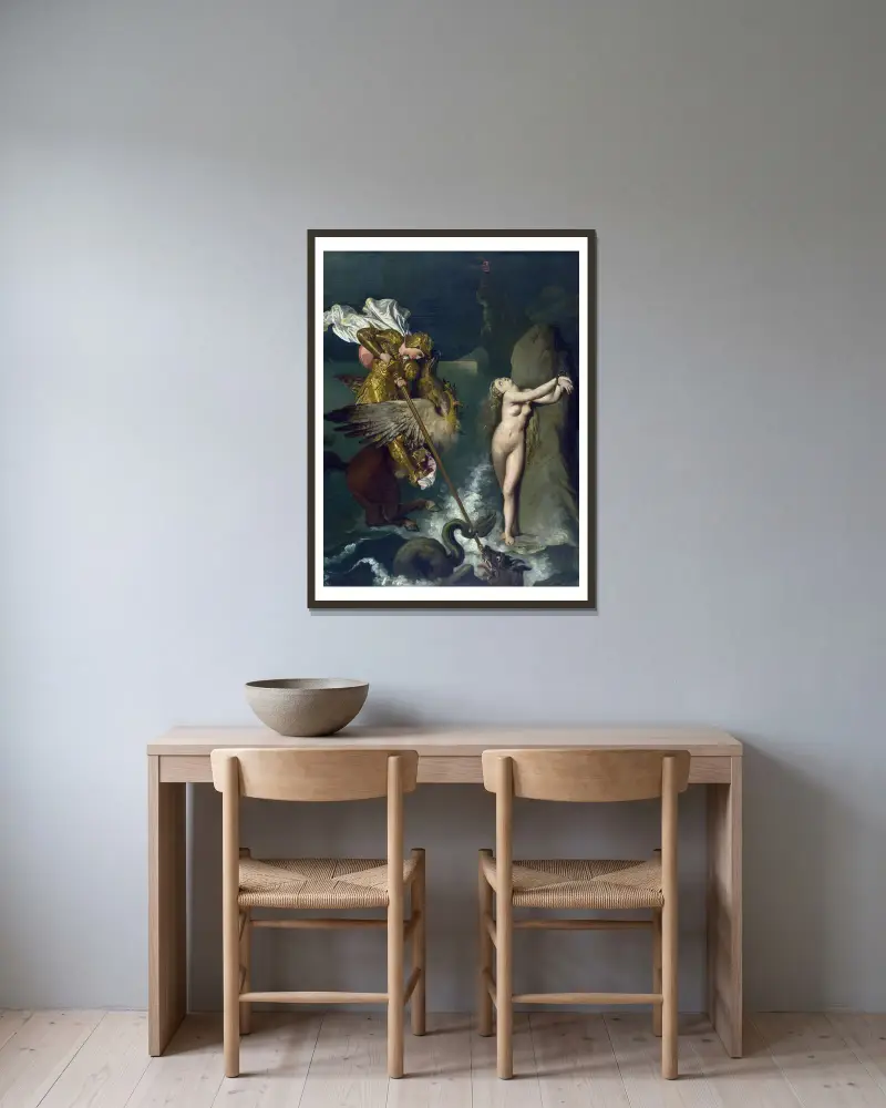 Angelica wird von Ruggiero gerettet von Jean Auguste Dominique Ingres gerahmt an einer Wand