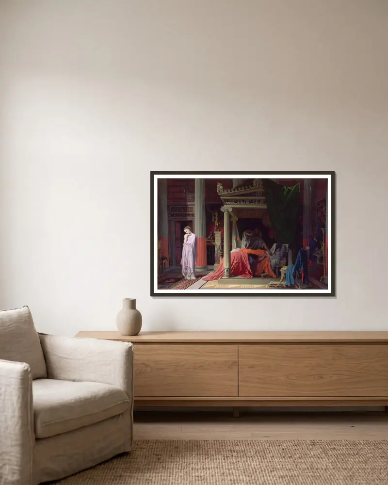 Antiochus and Stratonice – nr 1 av Jean Auguste Dominique Ingres inramad på en vägg