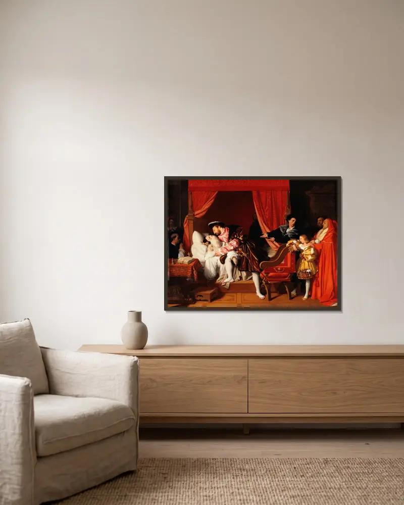 François Ier reçoit les derniers soupirs de Léonard de Vinci av Jean Auguste Dominique Ingres inramad på en vägg
