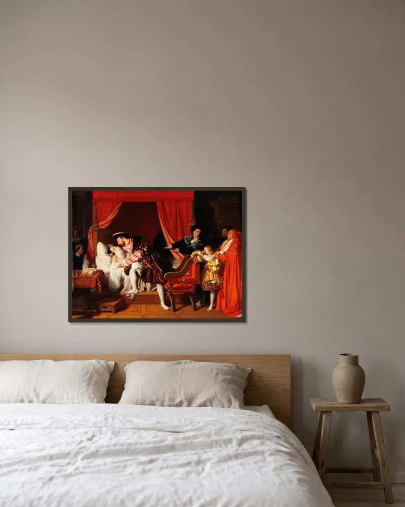 François Ier reçoit les derniers soupirs de Léonard de Vinci av Jean Auguste Dominique Ingres inramad på en vägg