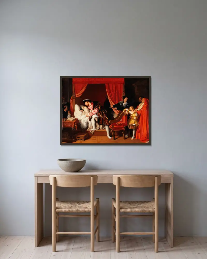 François Ier reçoit les derniers soupirs de Léonard de Vinci av Jean Auguste Dominique Ingres inramad på en vägg