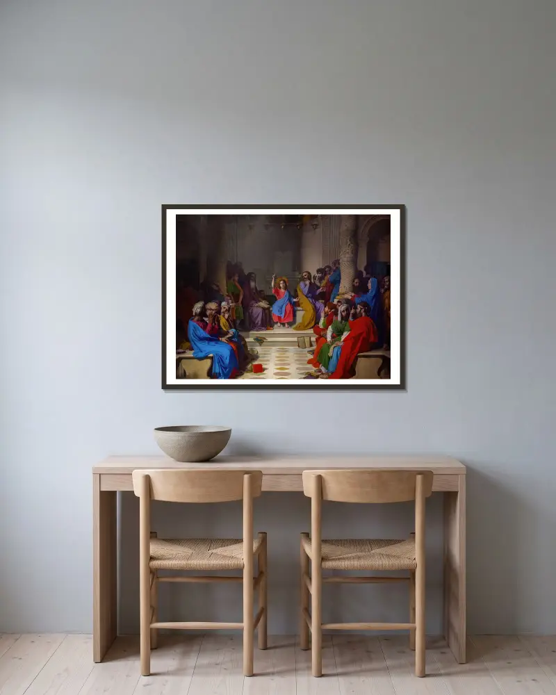 Jesus among the doctors av Jean Auguste Dominique Ingres inramad på en vägg