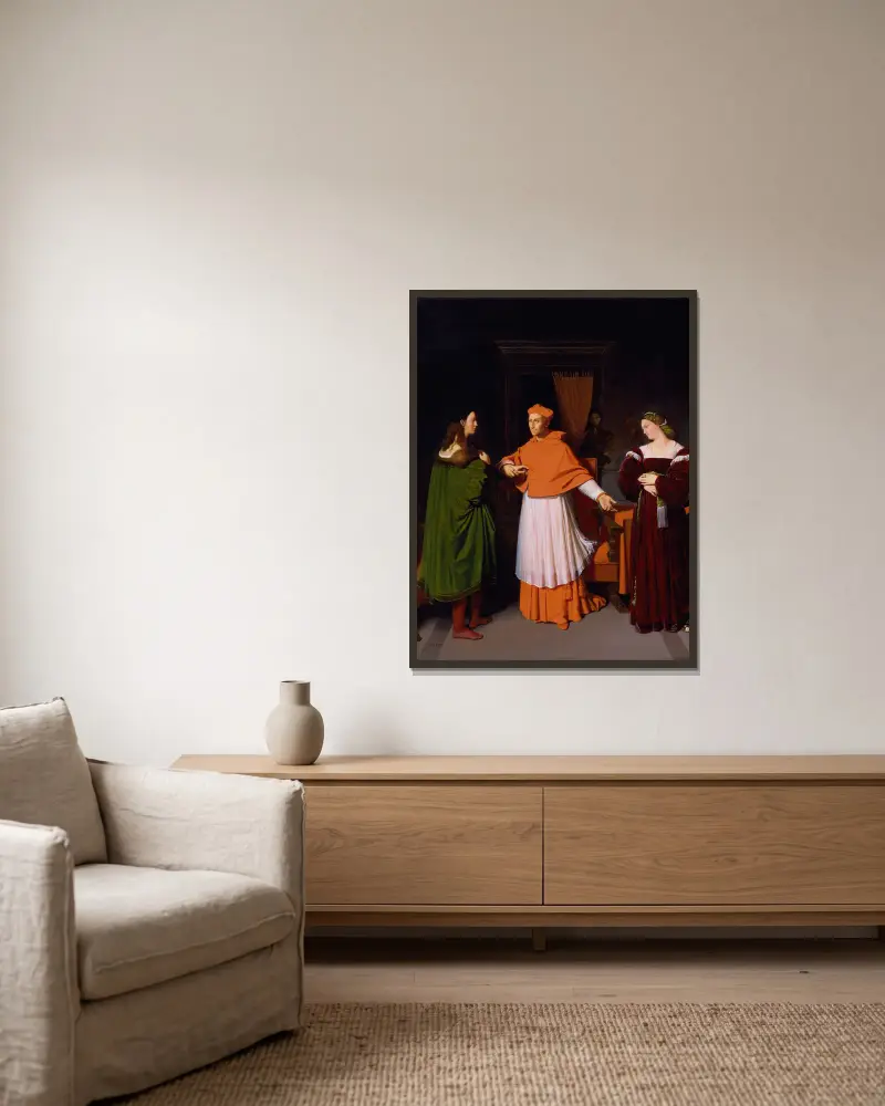 The Betrothal of Raphael and the Niece of Cardinal Bibbiena (from 1813 until 14) av Jean Auguste Dominique Ingres inramad på en vägg