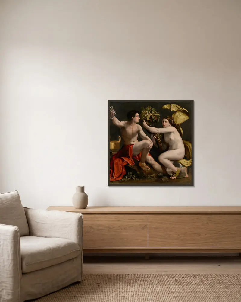 Allegory of Fortune av Dosso Dossi inramad på en vägg