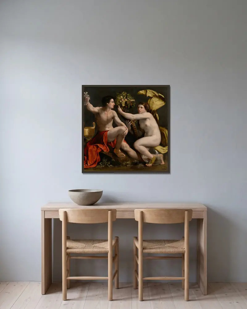 Allegory of Fortune av Dosso Dossi inramad på en vägg