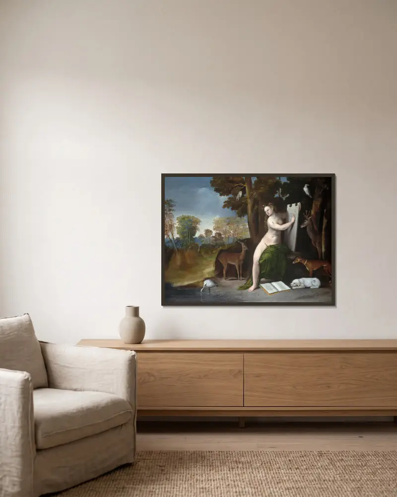 Circe and Her Lovers in a Landscape av Dosso Dossi inramad på en vägg