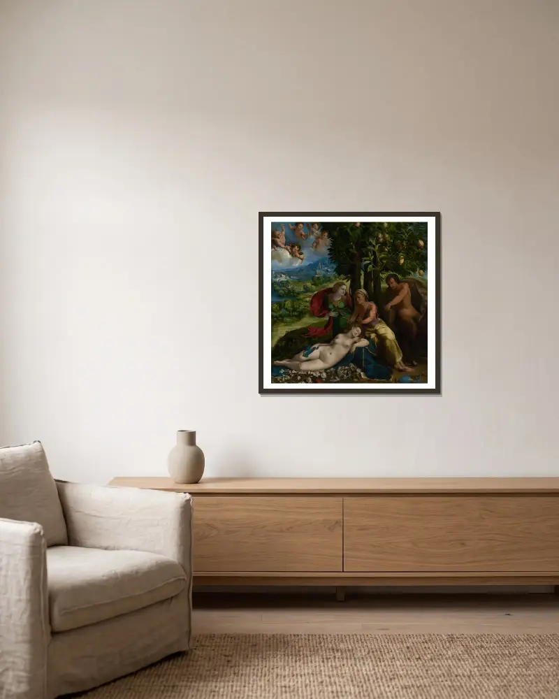 Mythologische Szene von Dosso Dossi gerahmt an einer Wand