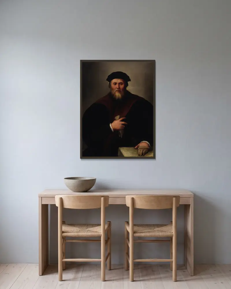 Portrait of a gentleman – nr 1 av Dosso Dossi inramad på en vägg