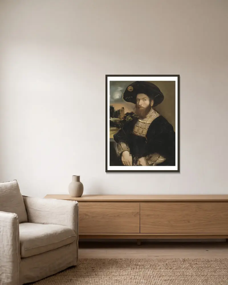 Portrait of a Man Wearing a Black Beret av Dosso Dossi inramad på en vägg