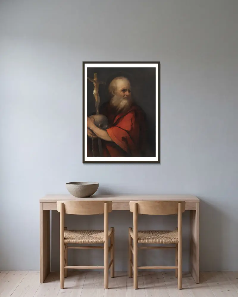 Der heilige Hieronymus von Dosso Dossi gerahmt an einer Wand