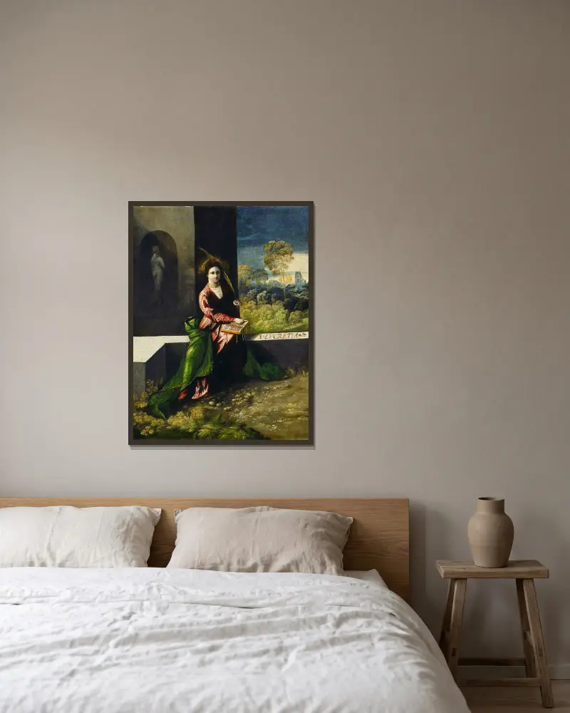 Heilige Lucretia von Dosso Dossi gerahmt an einer Wand