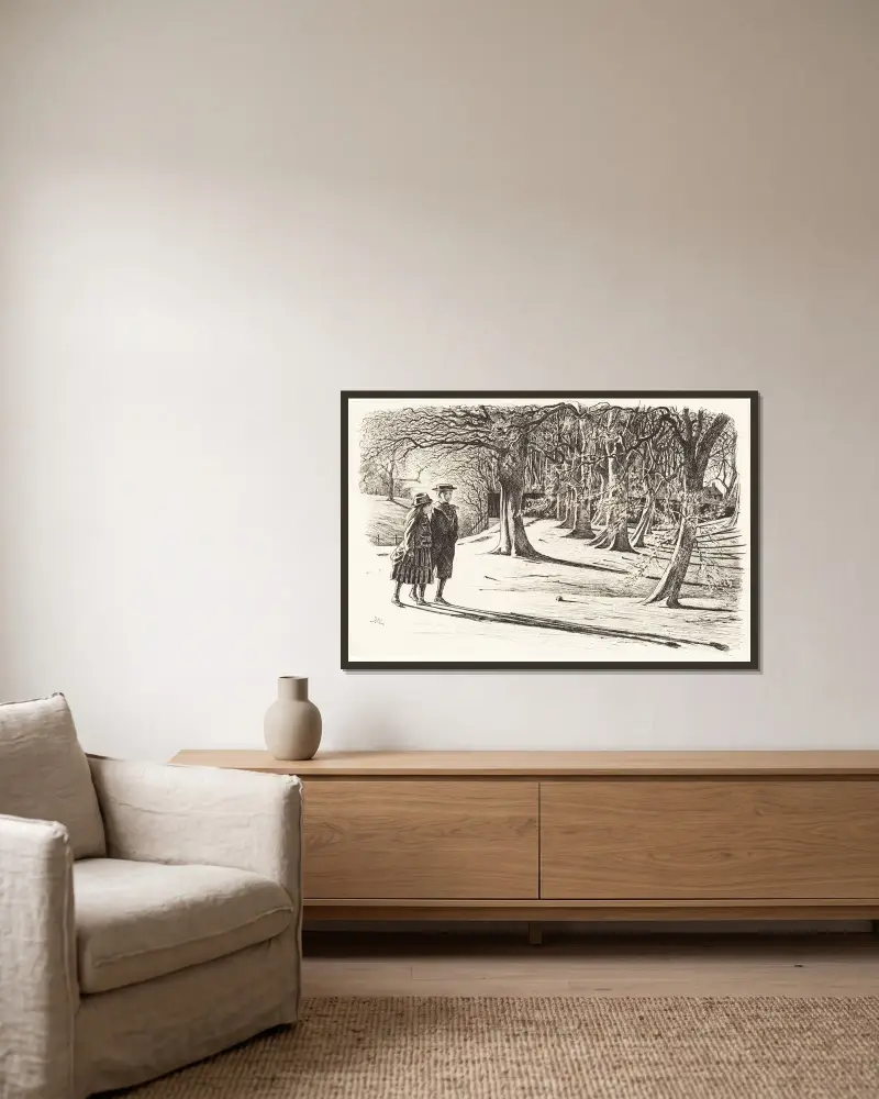 Två barn i snön av George Du Maurier inramad på en vägg