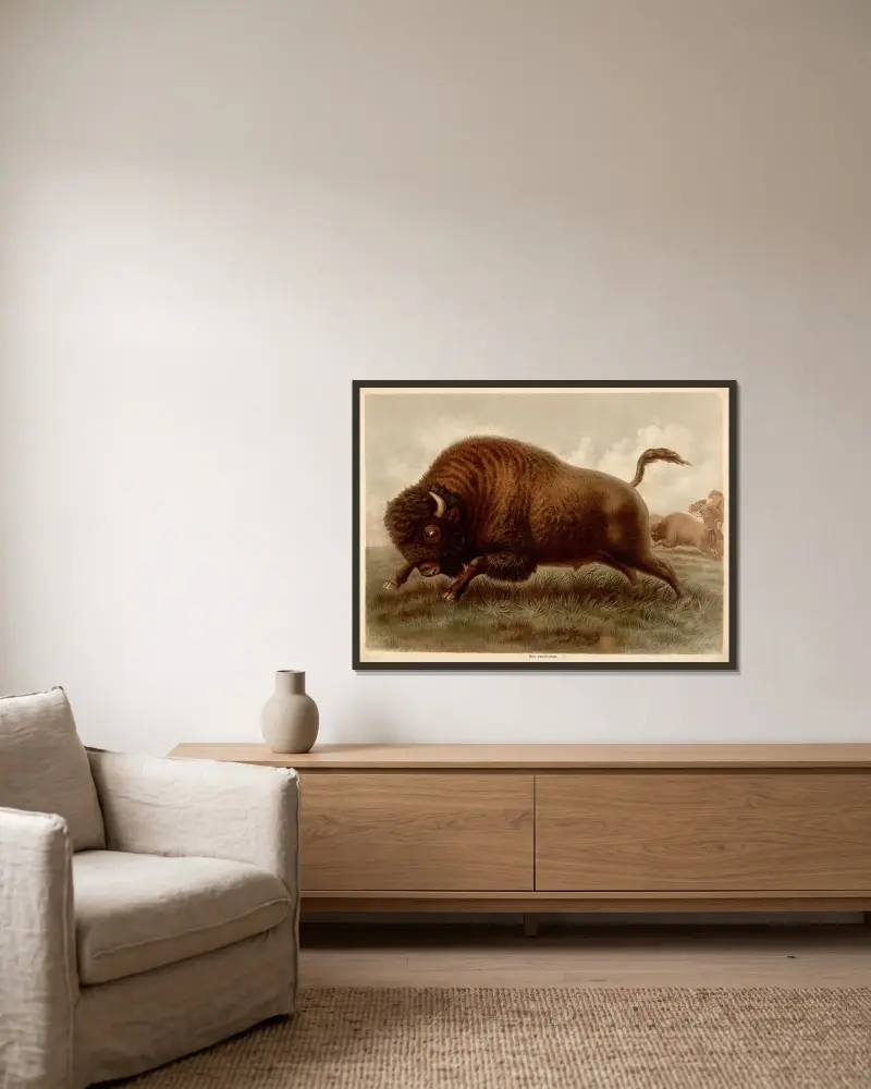 Amerikansk bison (Bos americanus) av F. E. Wachsmuth inramad på en vägg