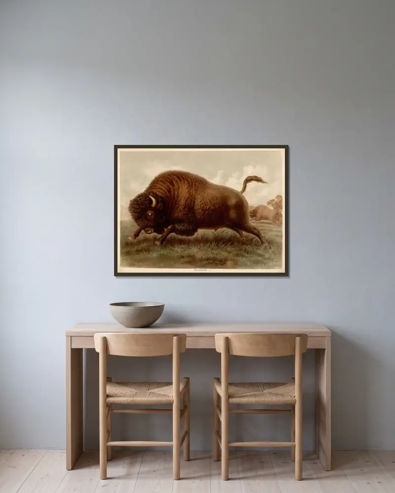 Amerikansk bison (Bos americanus) av F. E. Wachsmuth inramad på en vägg