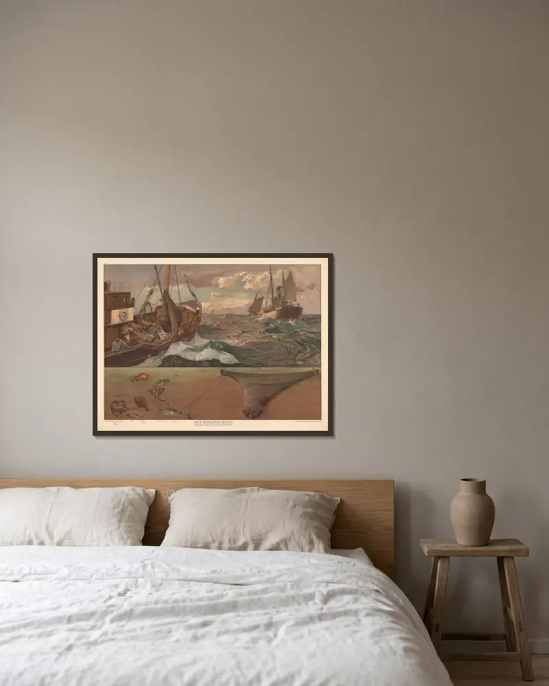 Tiefseefischerei von F. E. Wachsmuth gerahmt an einer Wand