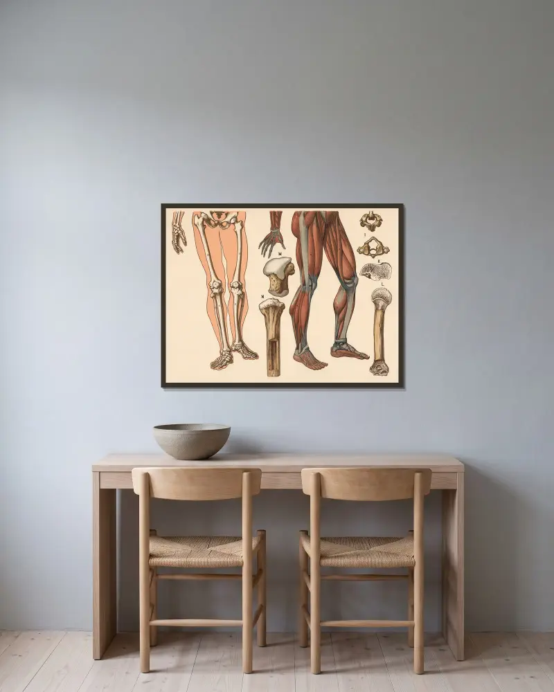 Skelett und Muskeln (unterhalb der Taille), 1906 – Nr. 2 von F. E. Wachsmuth gerahmt an einer Wand