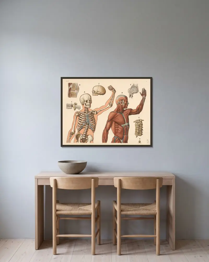 Skelett und Muskeln (oberhalb der Taille), 1906 – Nr. 1 von F. E. Wachsmuth gerahmt an einer Wand