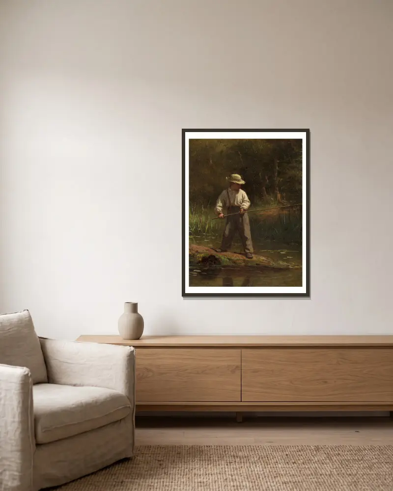 Junge beim Fischen von Eastman Johnson gerahmt an einer Wand