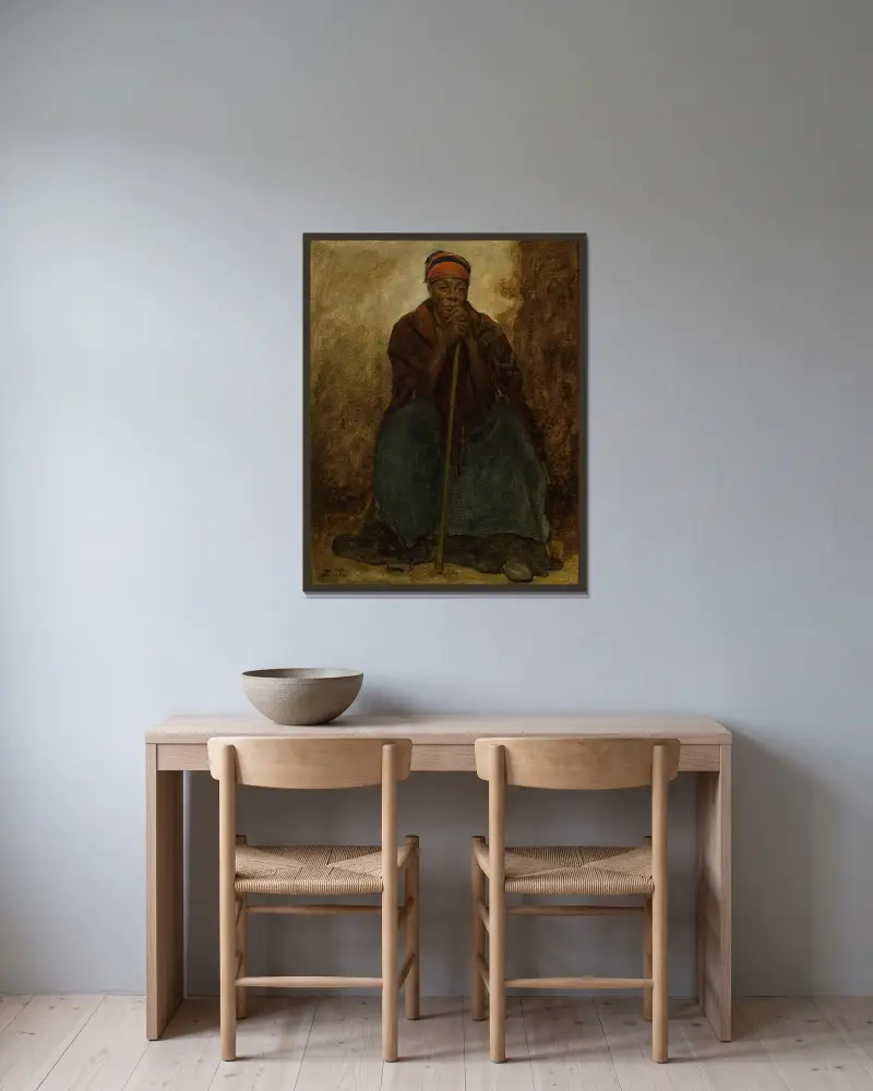 Dinah, porträtt av en mörkhyad kvinna av Eastman Johnson inramad på en vägg