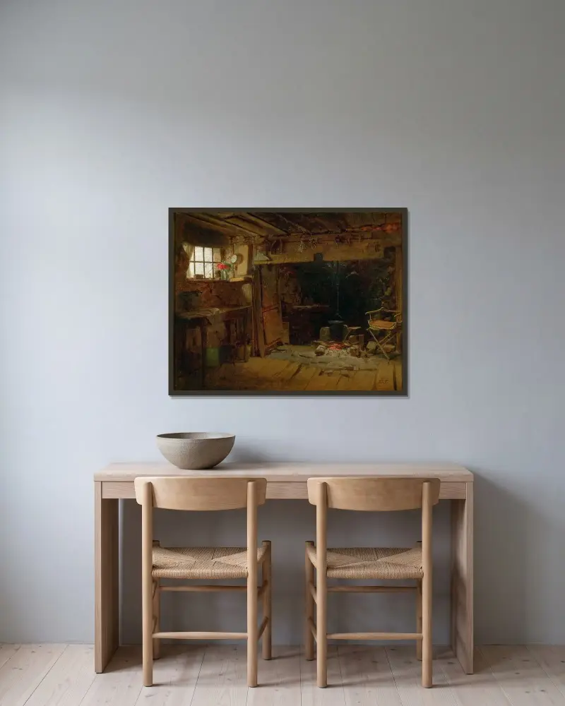 New England Kitchen av Eastman Johnson inramad på en vägg
