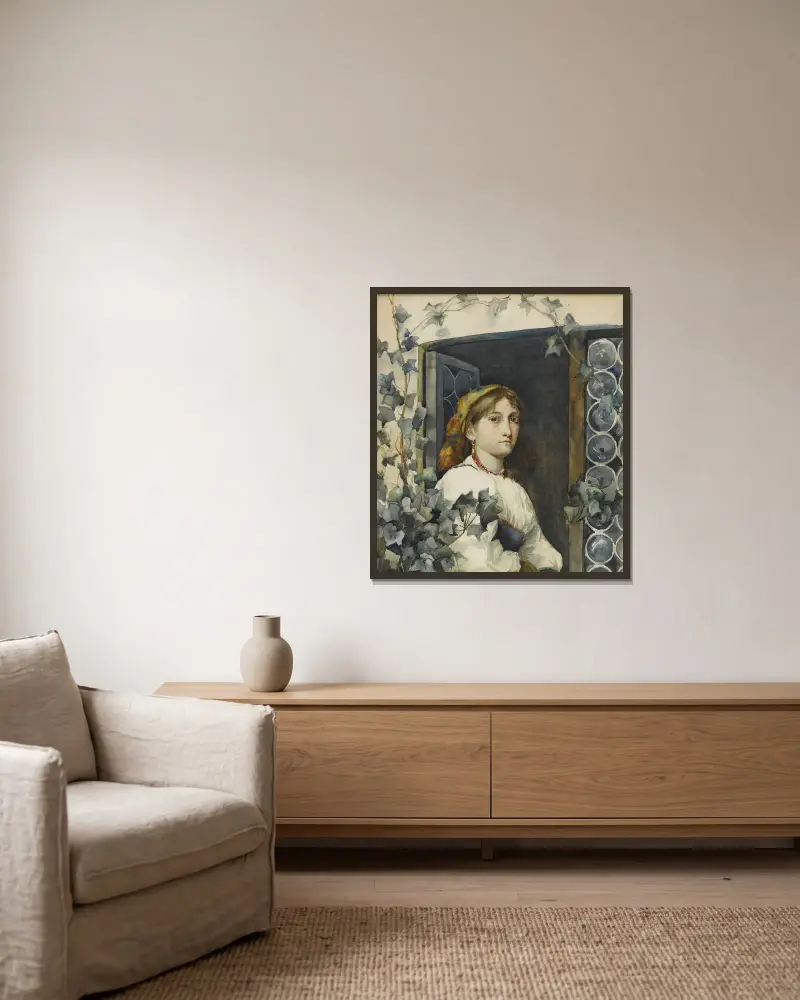 Bondflicka i fönster av Eastman Johnson inramad på en vägg