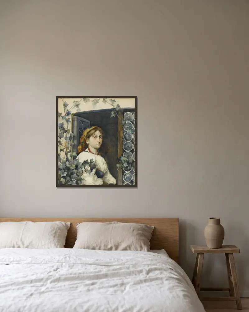 Bondflicka i fönster av Eastman Johnson inramad på en vägg