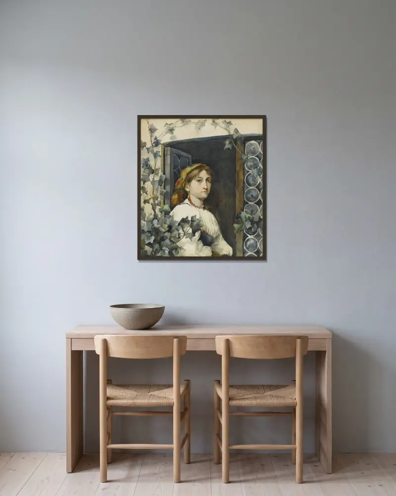 Bondflicka i fönster av Eastman Johnson inramad på en vägg
