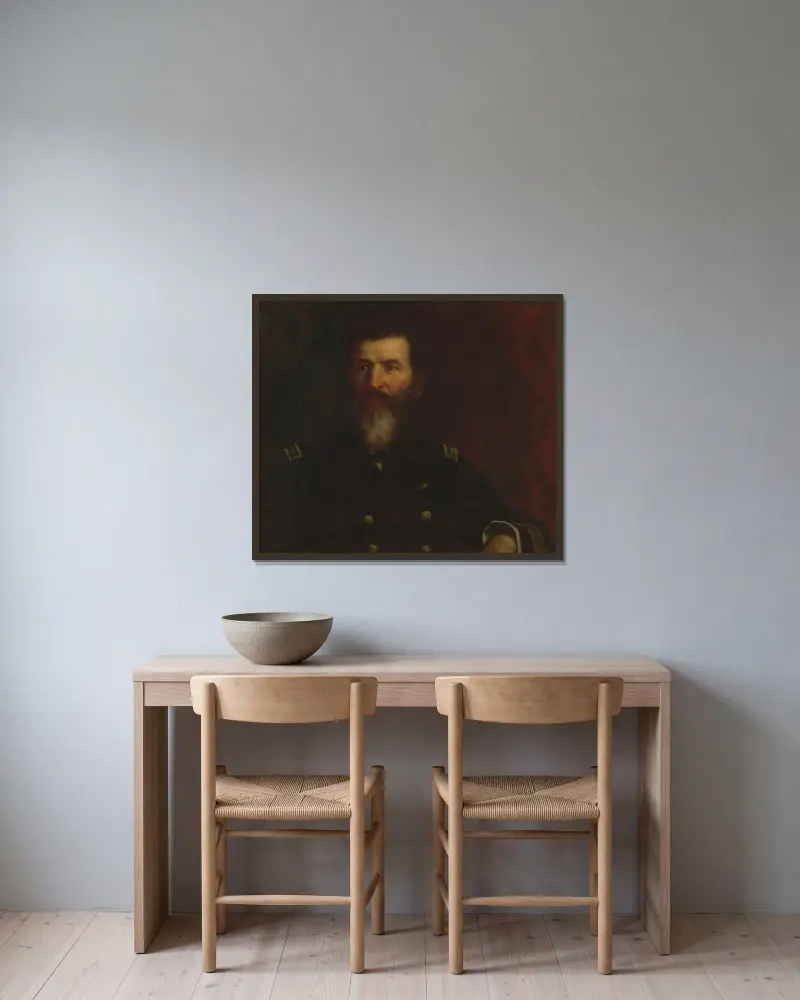 Porträtt av Commodore Philip Carrigan Johnson, Jr. av Eastman Johnson inramad på en vägg