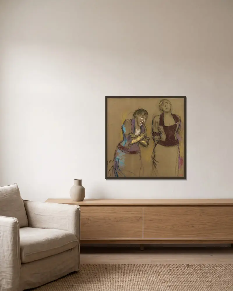 Au Café-Concert, Deux Chanteuses av Edgar Degas inramad på en vägg