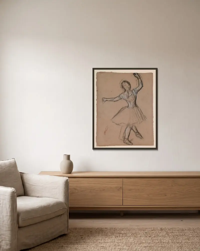 Dancer on Stage and in Motion av Edgar Degas inramad på en vägg
