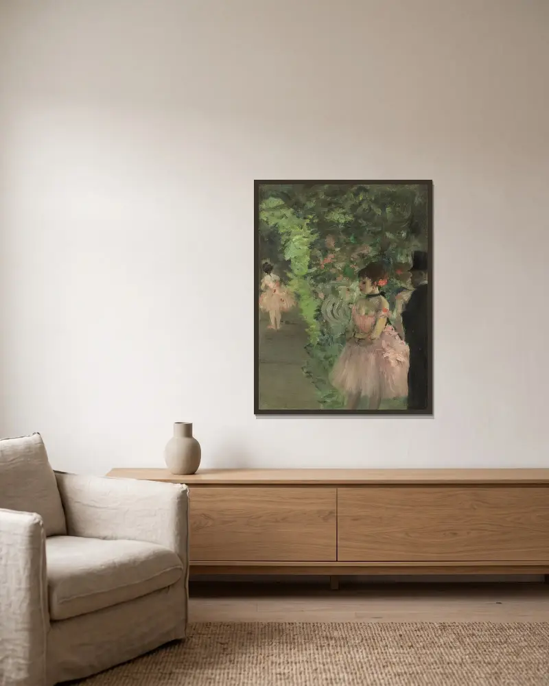 Tänzerinnen hinter der Bühne von Edgar Degas gerahmt an einer Wand