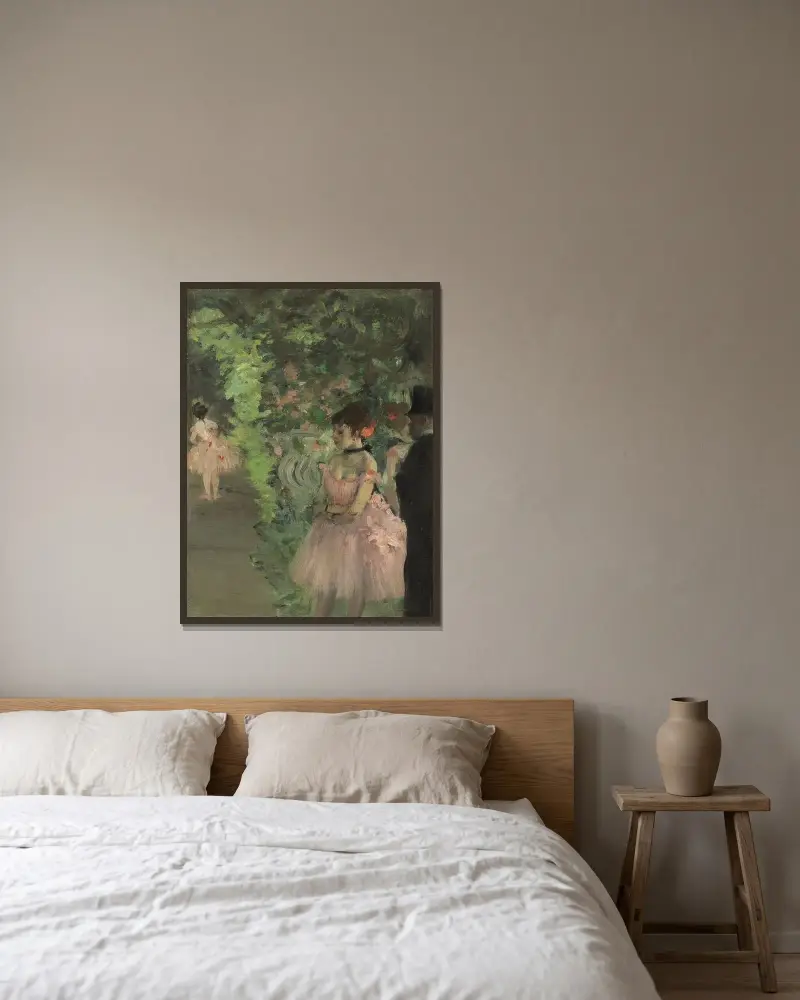 Tänzerinnen hinter der Bühne von Edgar Degas gerahmt an einer Wand