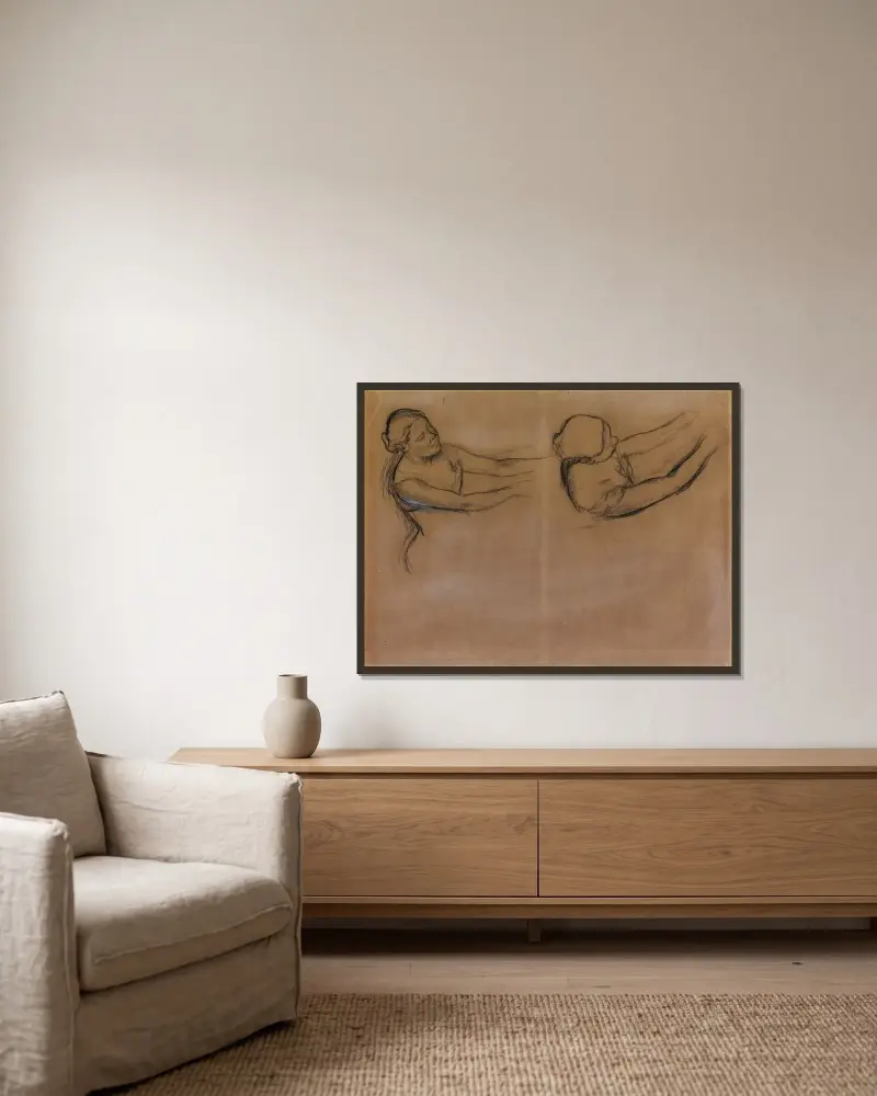 Zwei Tänzerinnen von Edgar Degas gerahmt an einer Wand