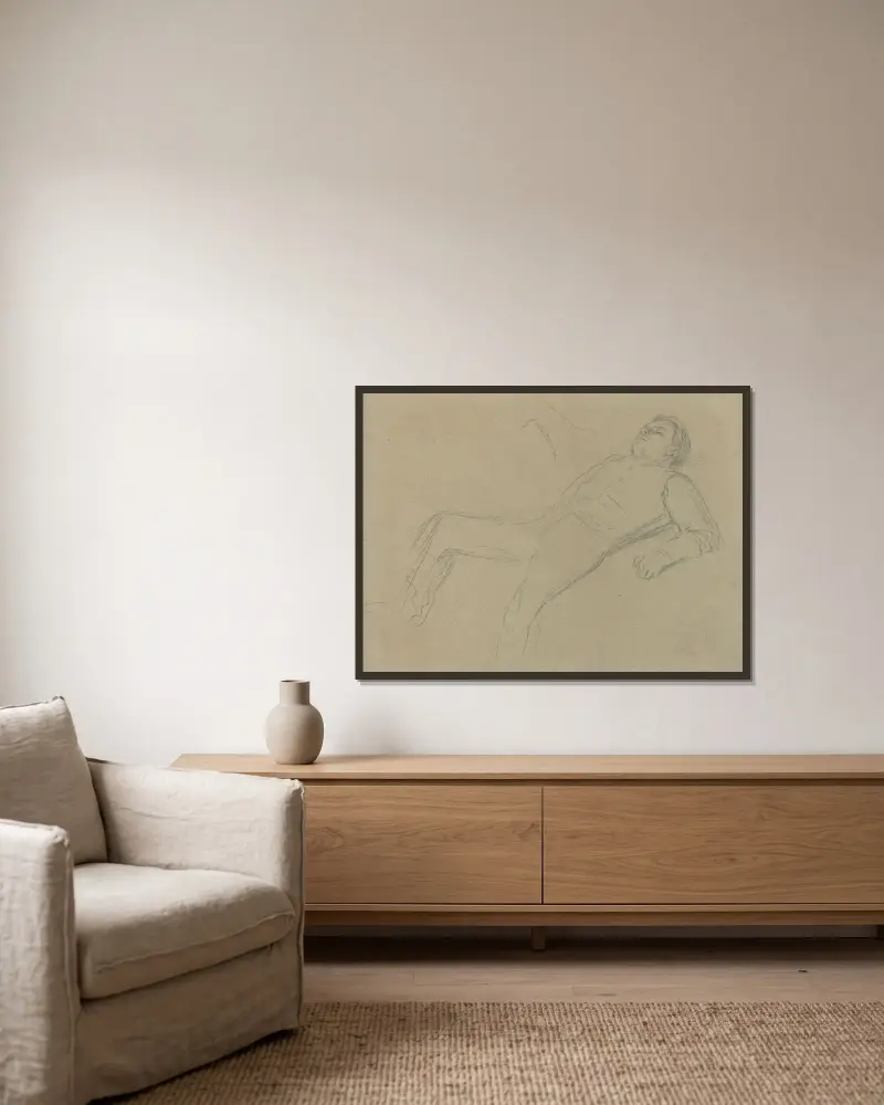 Der gestürzte Jockey (Studie II) von Edgar Degas gerahmt an einer Wand