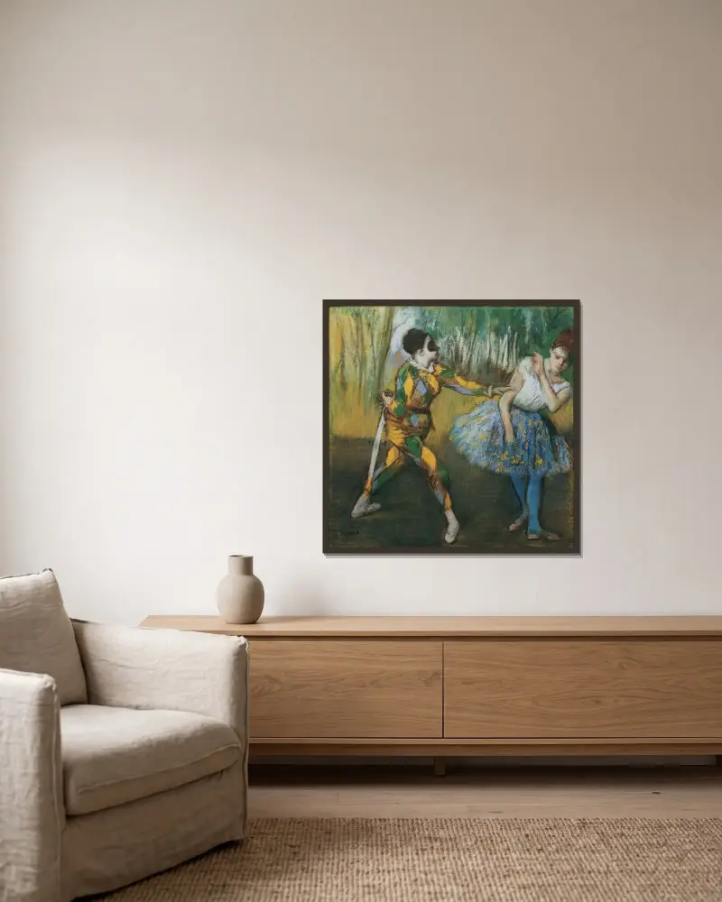 Harlekin Und Colombine av Edgar Degas inramad på en vägg