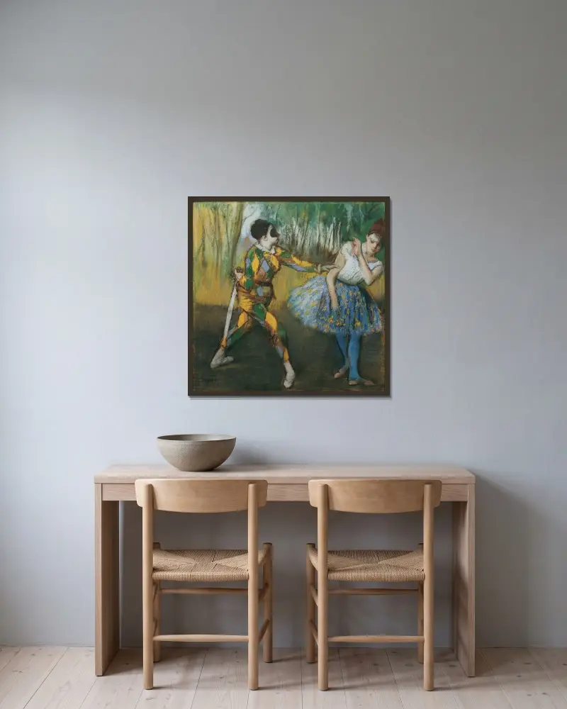 Harlekin Und Colombine av Edgar Degas inramad på en vägg