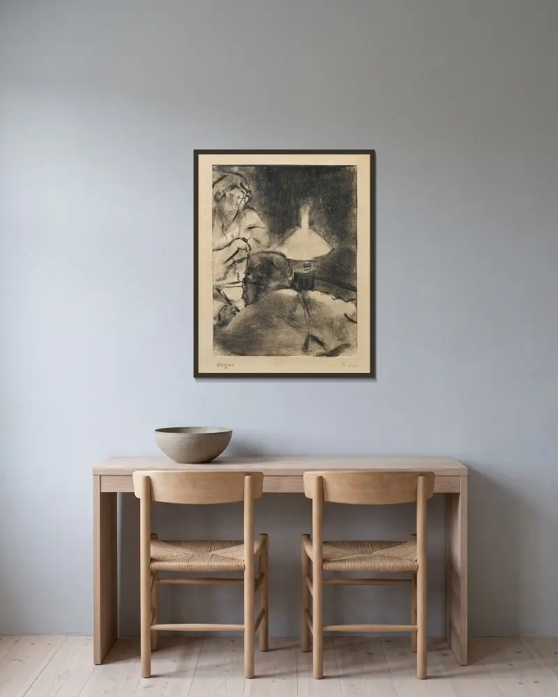 Lesung unter der Lampe von Edgar Degas gerahmt an einer Wand