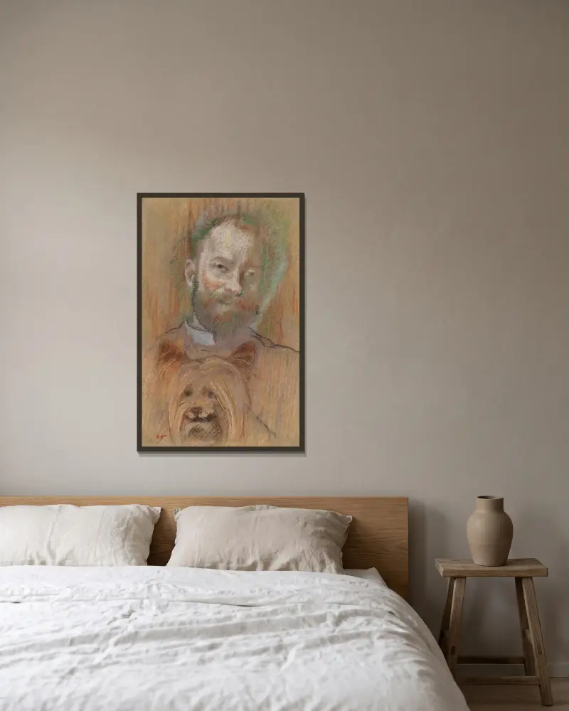 Ludovic Lepic Holding His Dog av Edgar Degas inramad på en vägg