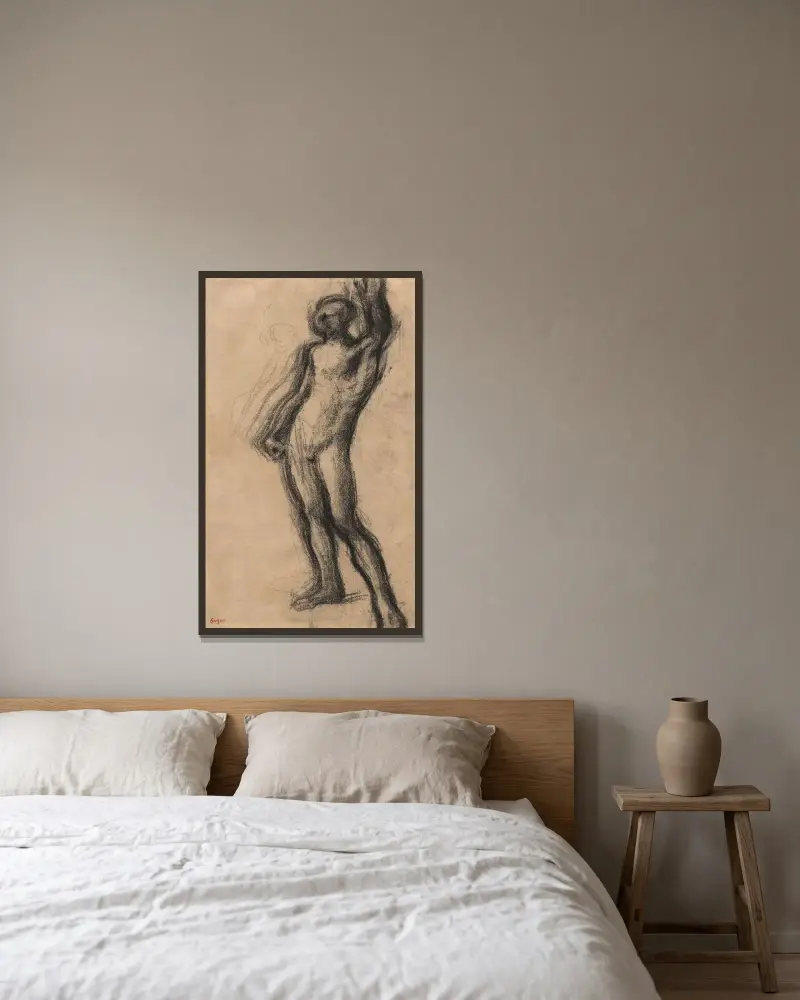 Nude Man Standing, with Left Hand Raised av Edgar Degas inramad på en vägg
