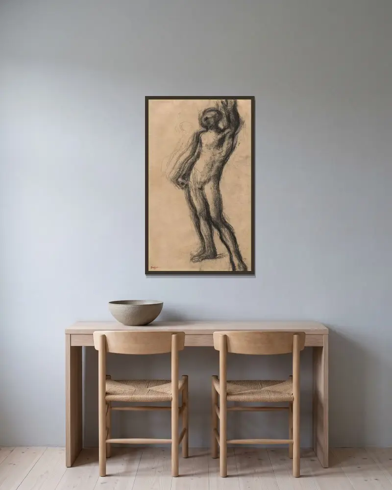 Nude Man Standing, with Left Hand Raised av Edgar Degas inramad på en vägg