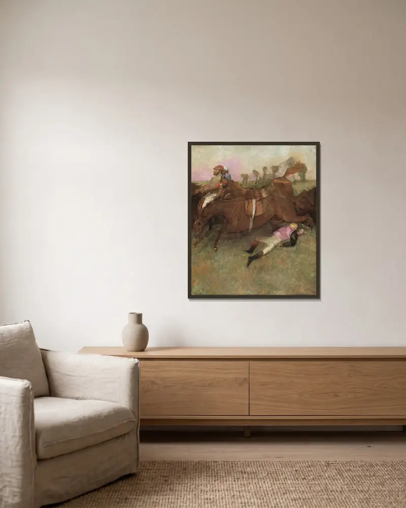 Scene from the Steeplechase – The Fallen Jockey av Edgar Degas inramad på en vägg